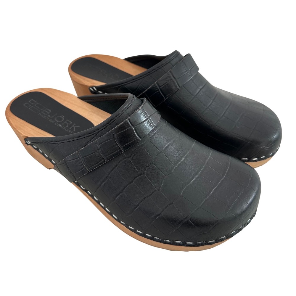 Bjork Croc‎ Embossed Leather Wooden Clogs Women 40 US 9.5 Black Swedish Comfort